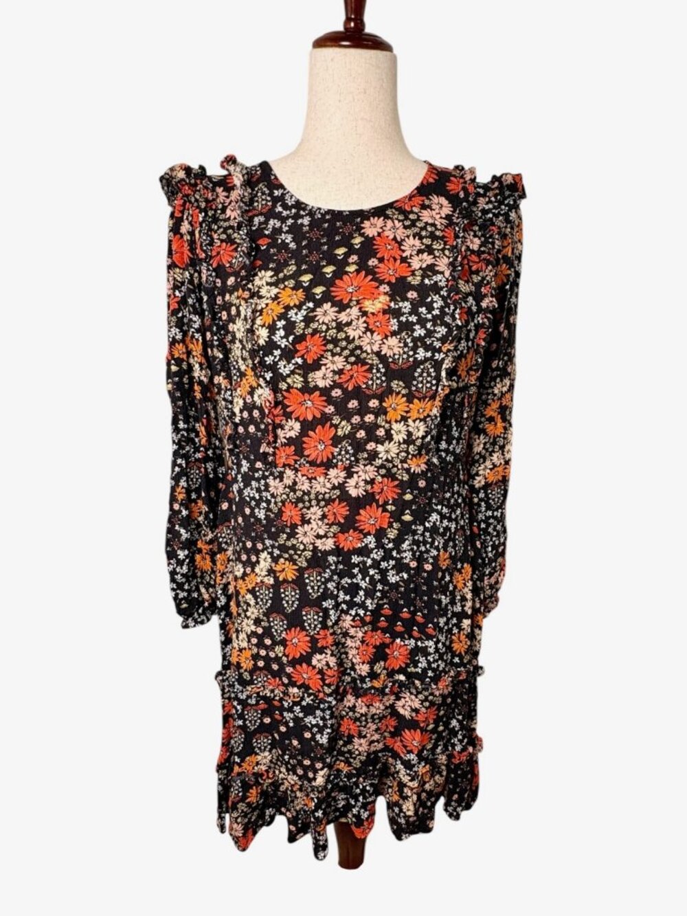 Kachel x Anthropologie Black Red Pink Floral Ruffle Mini Dress Size 10